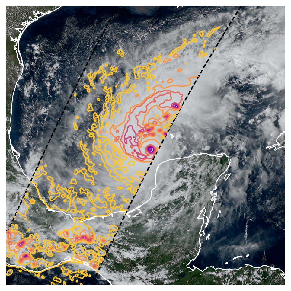 A true color image of Hurrican Milton north of the Yucatan peninsula overlaid with contours of 89-GHz passive microwave observations.